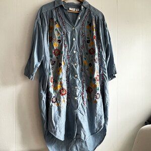 Chambray Shirt Dress Blue Denim Embroidered Go Softly VTG Boho India Cotton Sz M